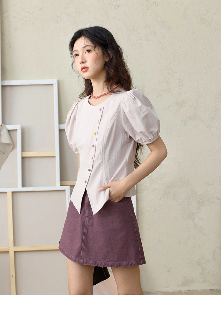 MISHOW Bubble Sleeves Blouses for Women Summer 2025 Irregular Placket Tops Rainbow Button Solid Blouse Office Lady MXE34X1782