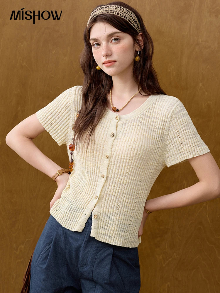 MISHOW Summer Knitted T-Shirts 2025 New Solid Short Sleeve Round Neck Thin Tops Female Fashion Versatile Office Lady MXE31Z1229