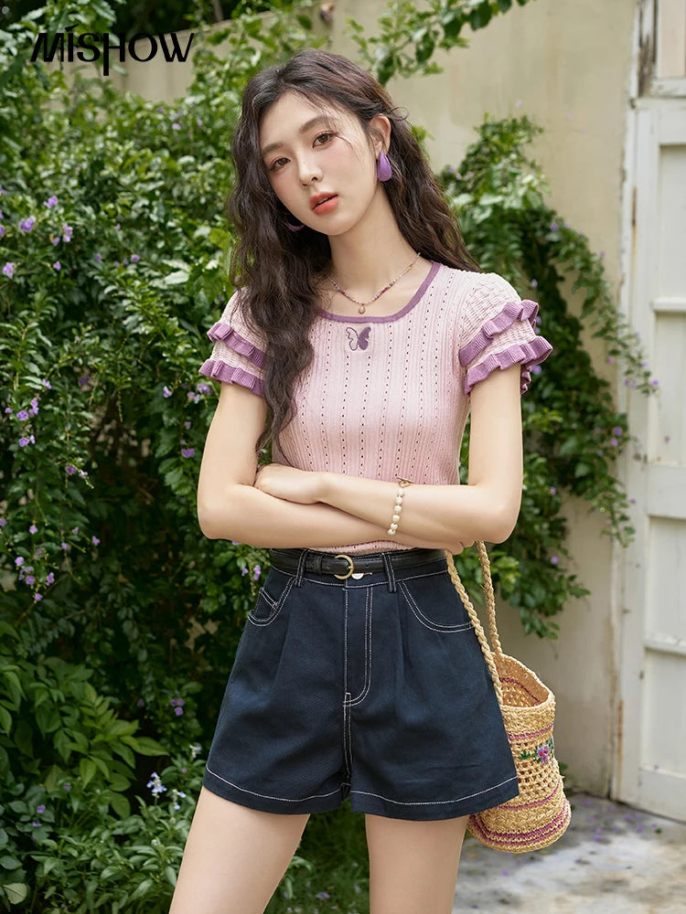 MISHOW 100 Cotton Pocket Embroidered Flower Denim Shorts for Women 2024 Summer Dark Blue Loose Casual Wide Leg Pants MXD26K0707