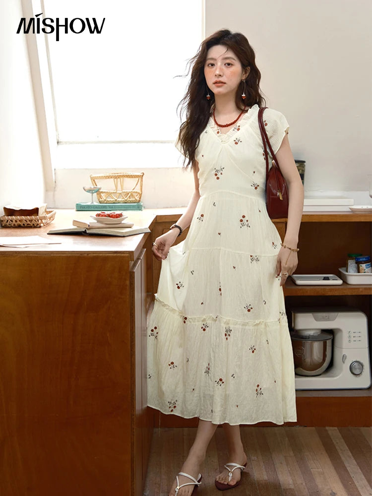 MISHOW Women's V-neck Chiffon Embroidery Dress 2025 Summer New Fashion Lace Splicing Print Dresses Women's Clothing MXE39L2382