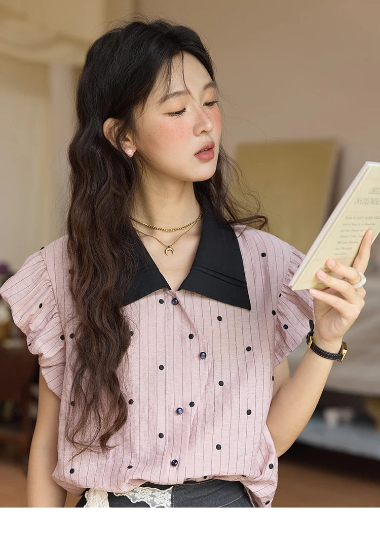 MISHOW Summer Office Lady Blouses Women 2025 Short Sleeve Turn-down Collar Polka Dot Shirts Female Fashion Slim Tops MXE31C0776