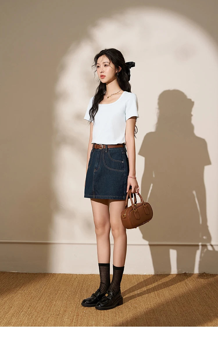 MISHOW Multi Color Square Neck Tees Short Sleeve Solid Color T-shirt for Women 2024 Spring/summer Basic Versatile Top MXC12T0641