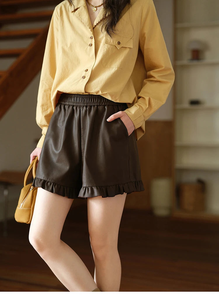 Mishow PU Leather High Waist Ruffle Hem Shorts MXE42K1068