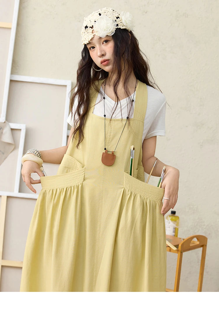 MISHOW Women's Cargo Large Pocket Strap Dress 2025 Summer Lemon-yellow Sleeveless Dress Retro Square Neck Loose Dress MXE35L2302