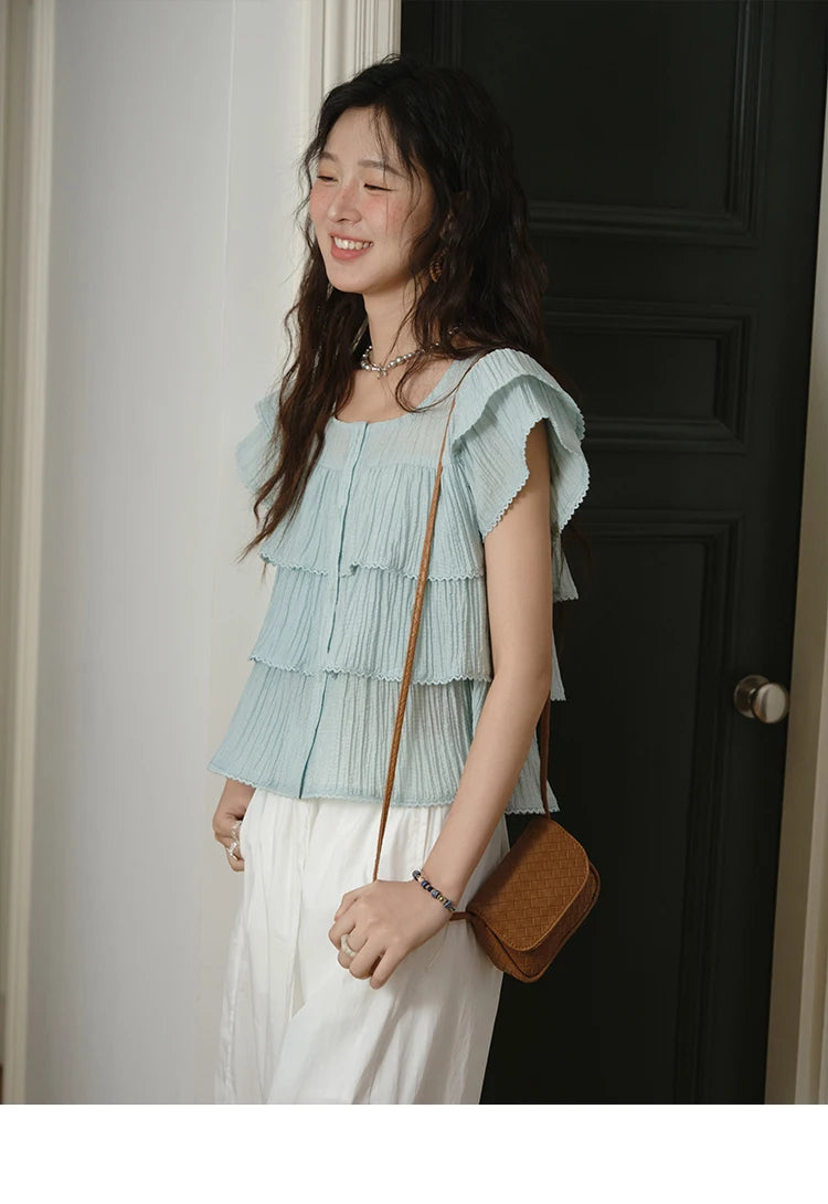 MISHOW Butterfly Sleeve Chiffon Shirt Women's 2025 Summer New Women's Clothing Retro Square Neck Button Casual Shirt MXD30X1488