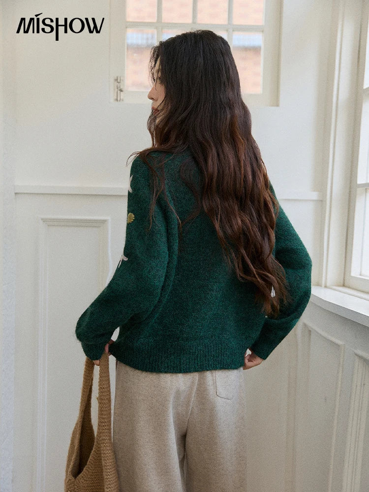 MISHOW Women's Winter Cardigan 2025 New Retro Flower Embroidery Green Knitted Cardigan Casual Long-sleeved Tops MXE86Z2729