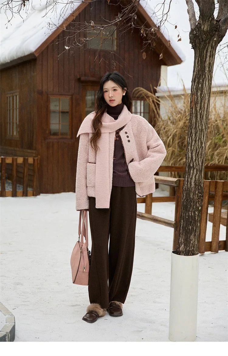 MISHOW Woman Plaid Patchwork Lamb Wool Coat 2025 Winter Round Neck Coat Commute Warm Loose Jacket (Without A Scarf)MXE90W0923