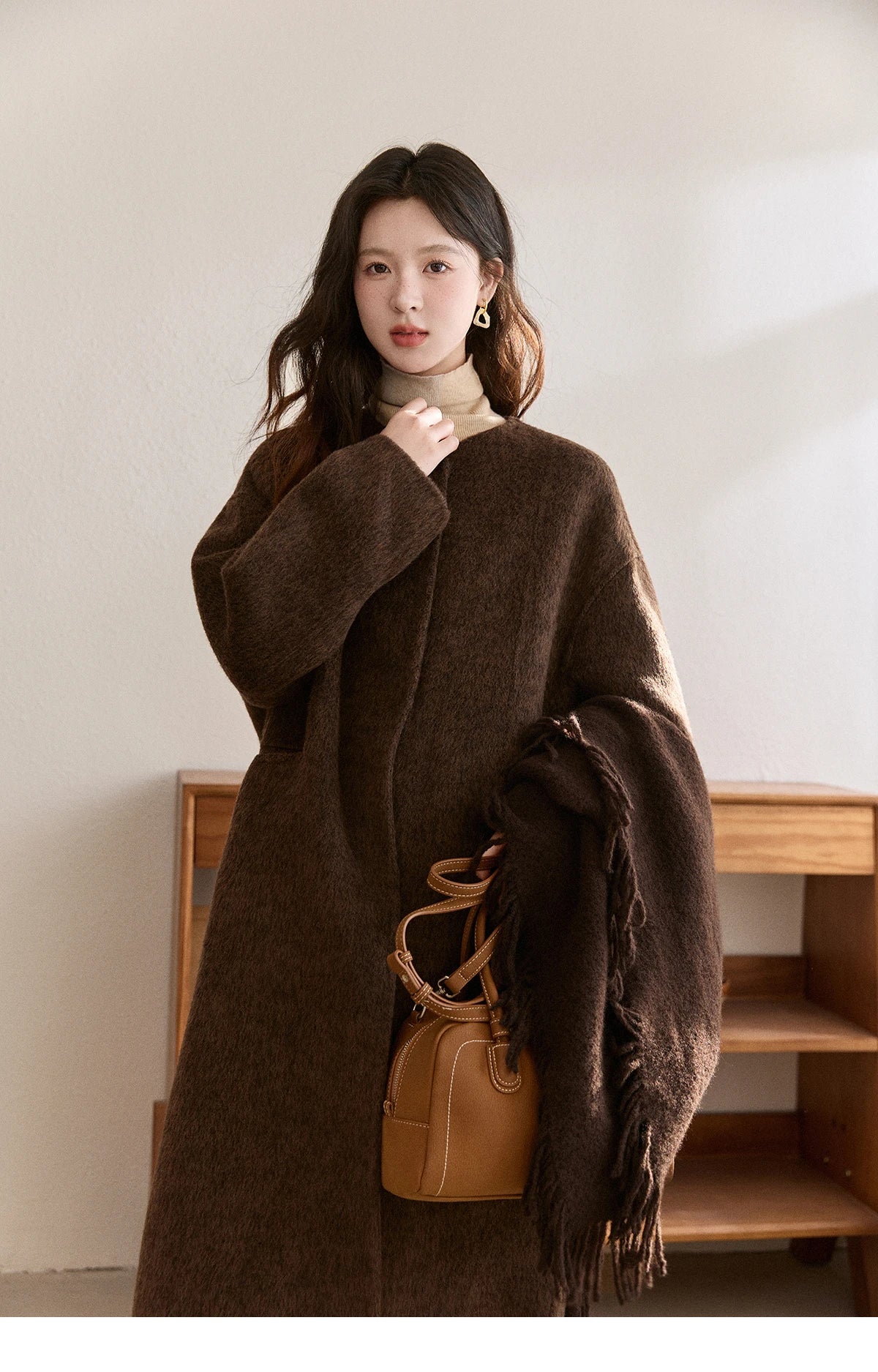 MISHOW Women's Woolen Coat with Scarf Winter Invisible Buckle Design Wool Overcoat Loose Elegant Warm Outerwear MXE93W1030