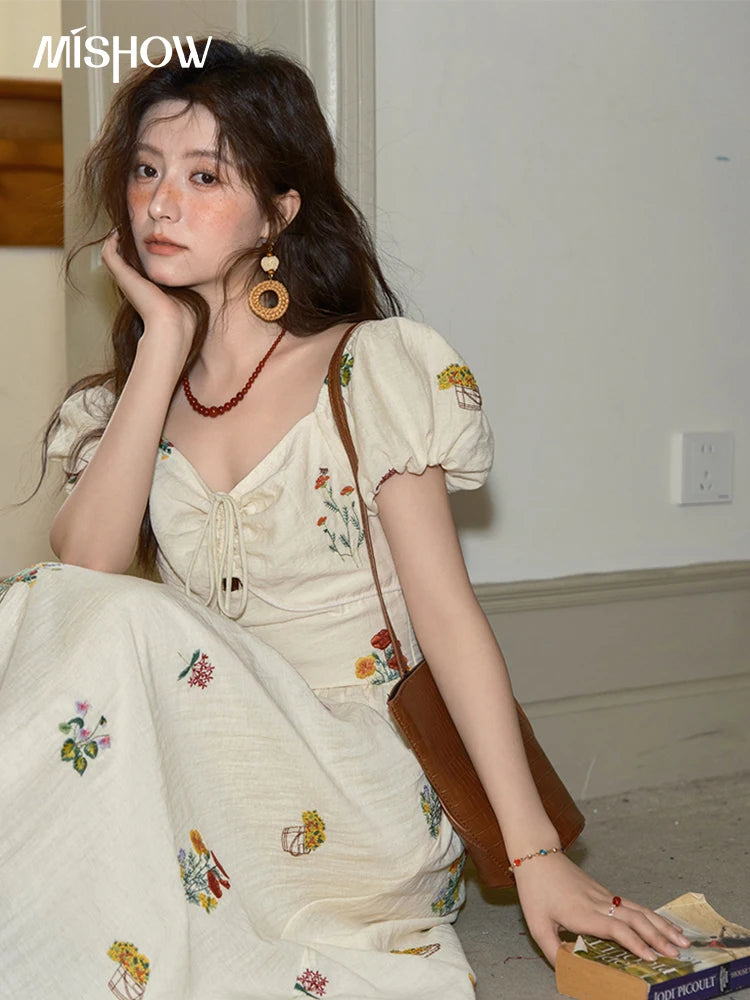 MISHOW Fashion Flower Embroidery Dress for Women Summer 2025 New Square Neck Lace Up Puff Sleeve Large Swing Dresses MXE37L2315