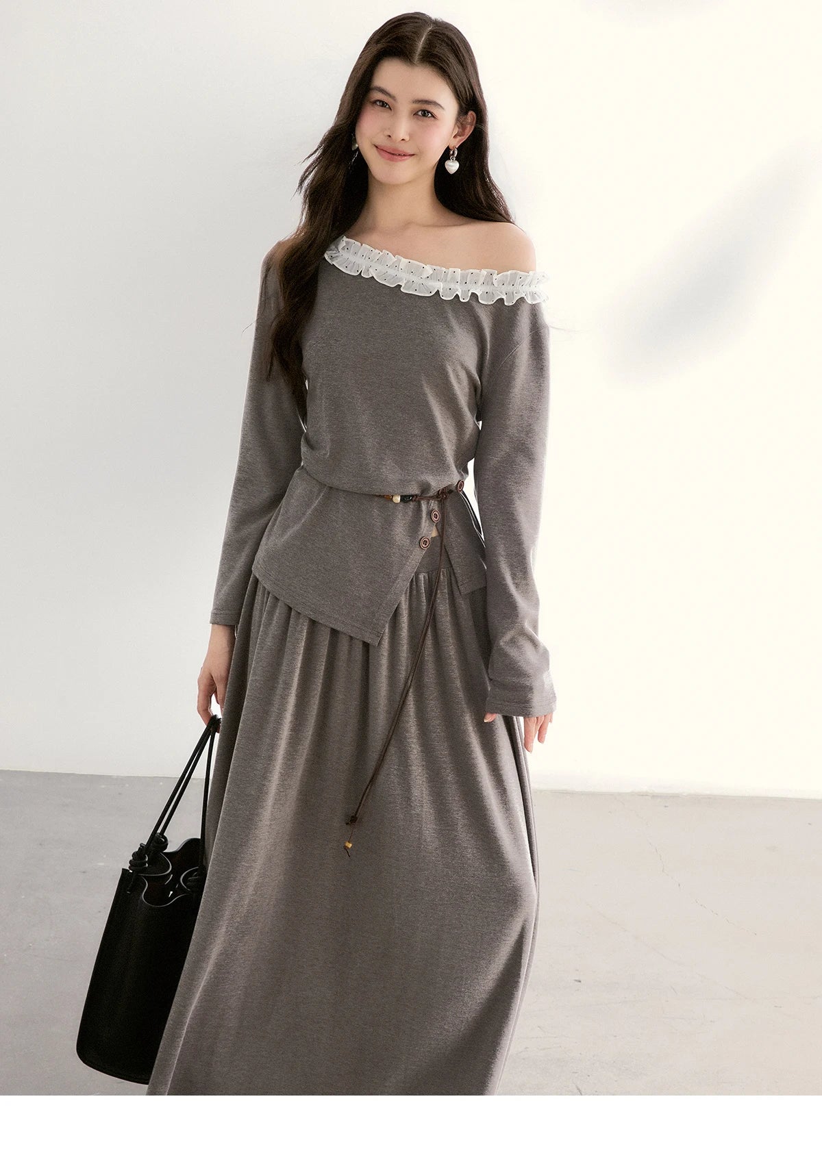 MISHOW Women's Grey Irregular Top Elastic Waist Skirt Two-Piece Set Spring Off-Shoulder Lace Trim Top Maxi Skirt Set MXF13T1479