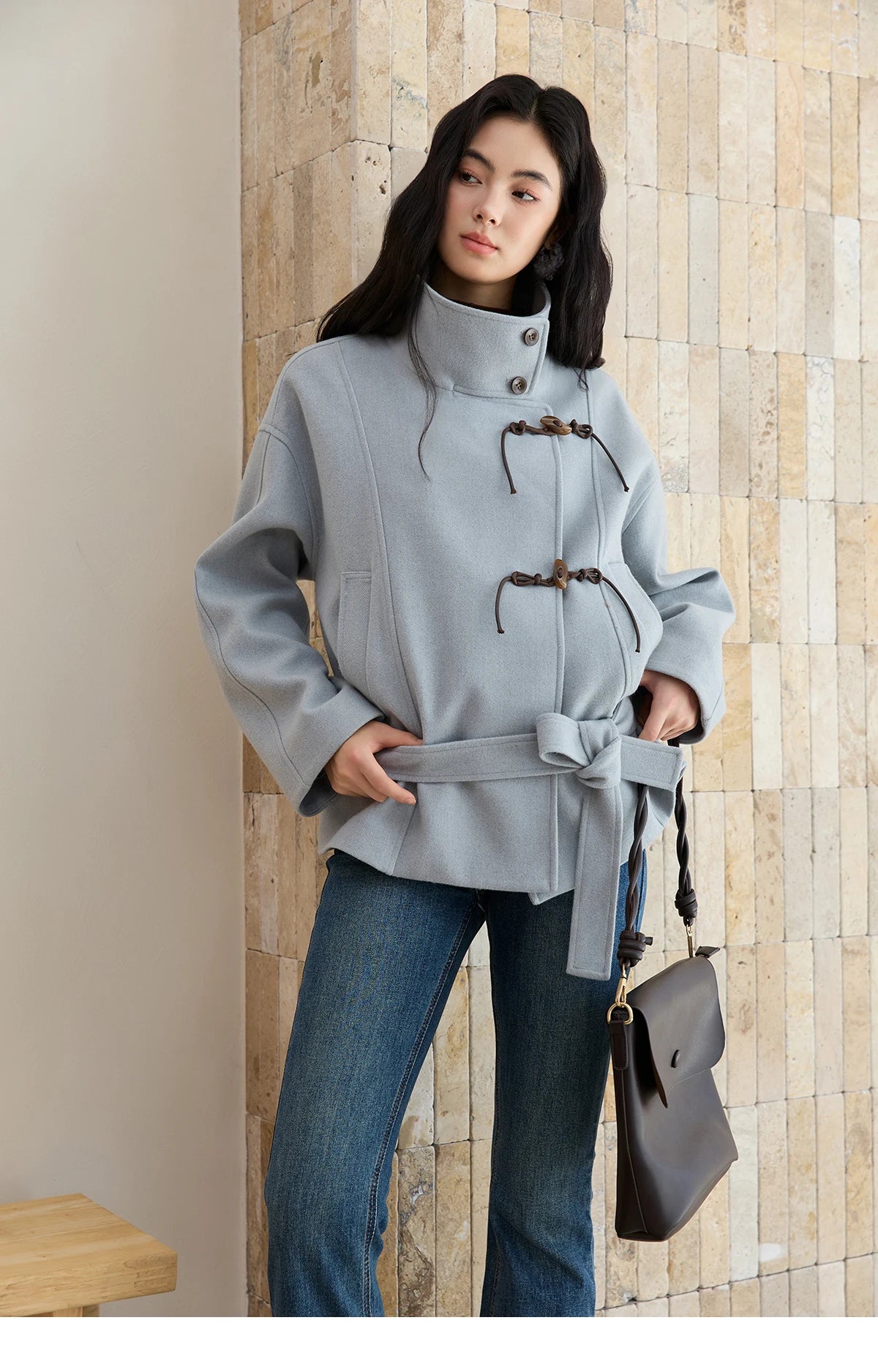 MISHOW Blue Woolen Coat Women 2025 Winter New Double-breasted Lace Up Coat Mid-length Windbreaker Women's Clothing MXE51W0872