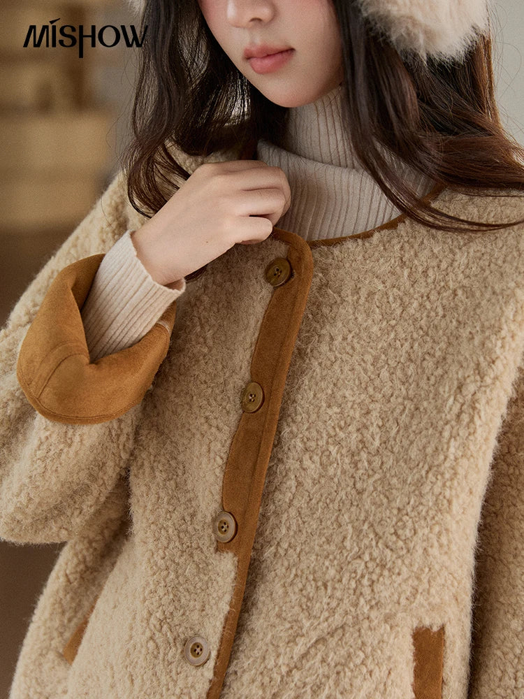 MISHOW Lamb Wool Jacket with Color Blocking Knitted Shawl for Women Winter 2025 Warm Thickened Fur One-piece Coats MXE91W0969