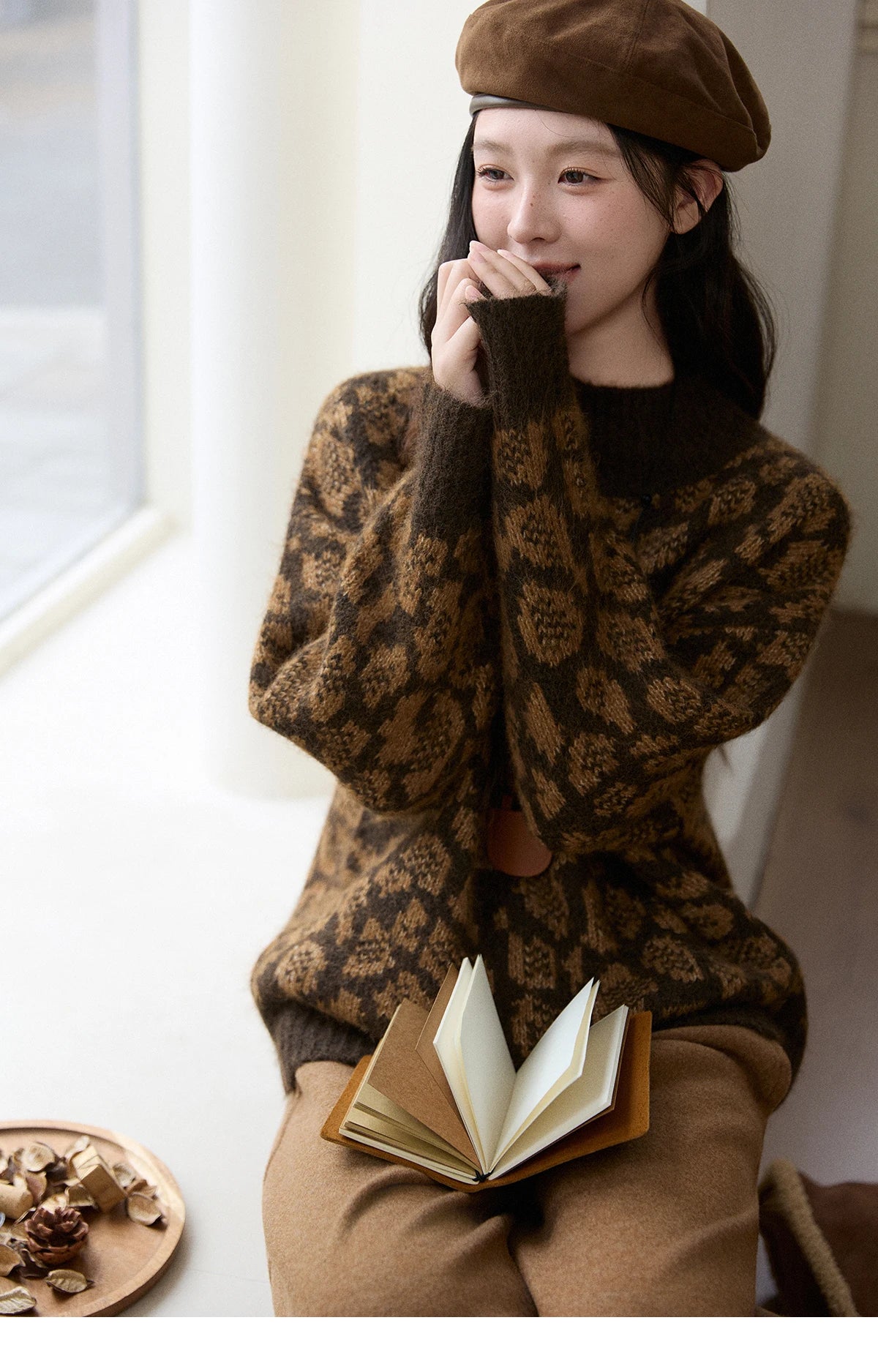 MISHOW Women's Color Block Geometric Leopard Jacquard Sweater Winter French Half Turtleneck Dropped Sleeve Knitwear MXE91Z2839