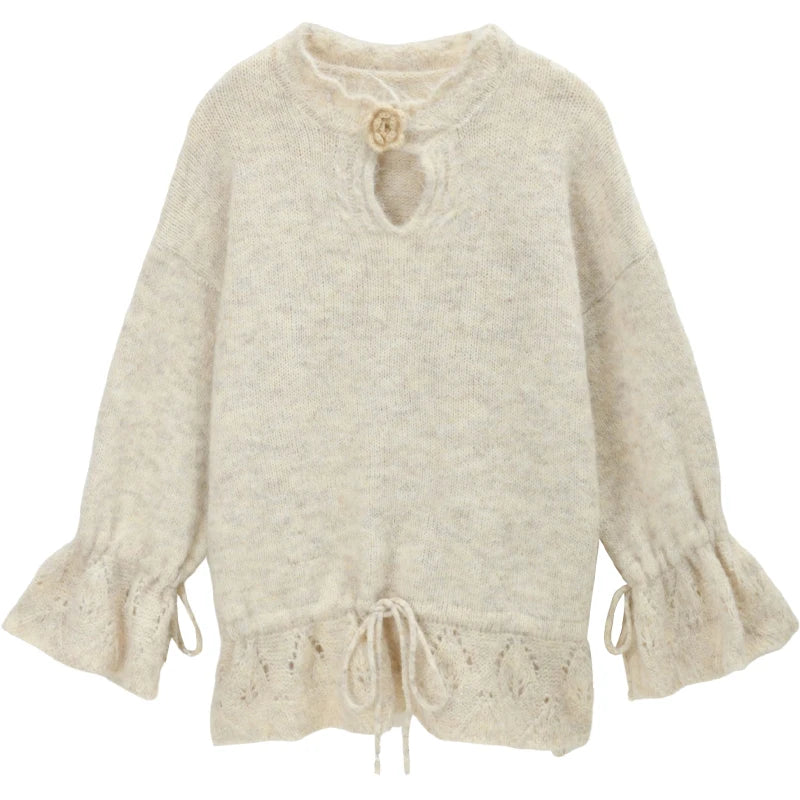 MISHOW Apricot Drawstring Waist Pullovers Women 2025 Winter New Luxury Three-dimensional Flower Hollow Out Sweater MXE88Z2709