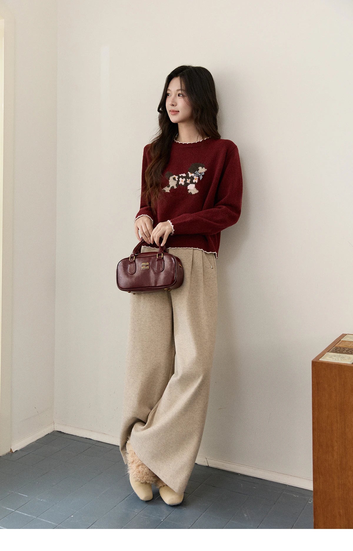 MISHOW Women's Burgundy Knitted Sweater 2025 Winter Poodle Pattern Ruffled Trim Crew Neck Sweater Warm Pullover Tops MXE93Z2949