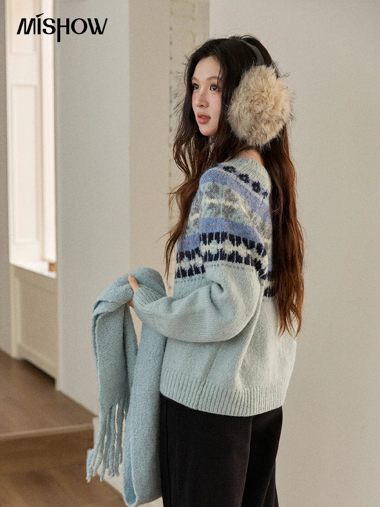 MISHOW Women's Blue Fair Isle Sweater 2025 Winter Geometric Jacquard Loose Retro Wool Blend Knit Pullovers Sweaters MXE87Z2767