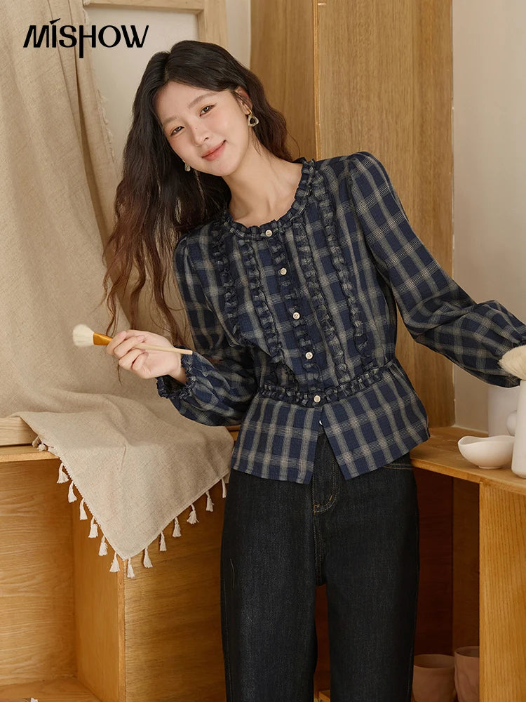 MISHOW Women's Vintage Blue Plaid Shirt 2025 Autumn New Elegant Luxury Loose Waist Shirts Round Neck Long Sleeved Top MXE45X2480