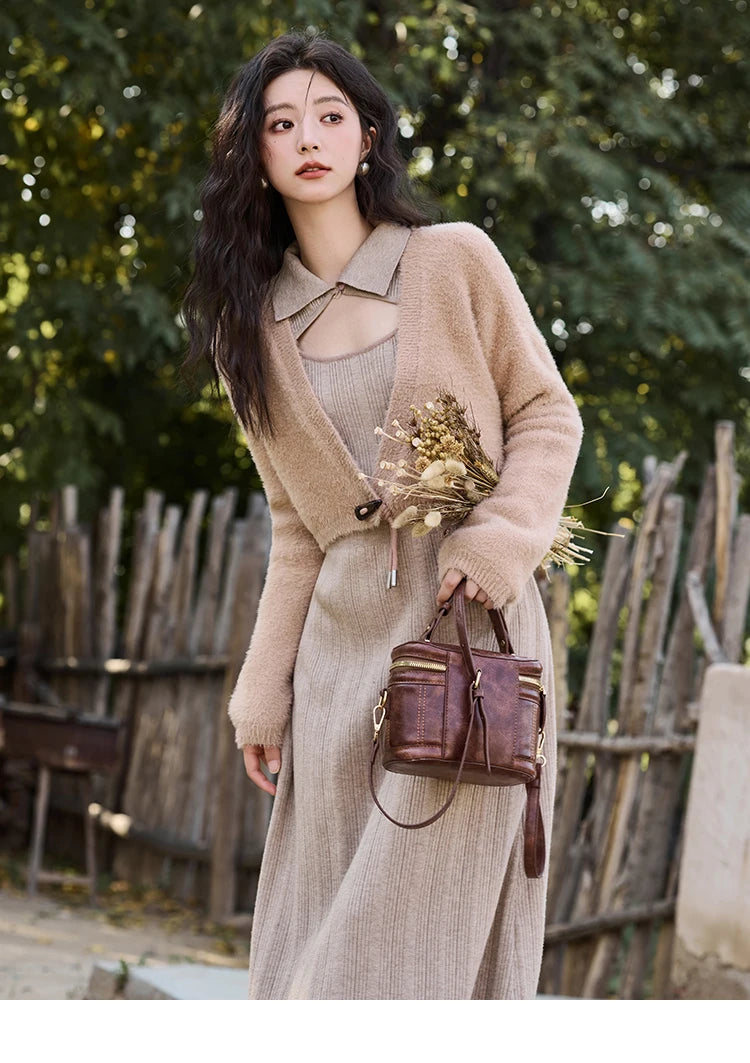 MISHOW Women’s Sweater Top Dress Separately 2024 Fall Winter Fashion Imitation Mink Fur Sweet Coat Knitted Dress MXD45L2043