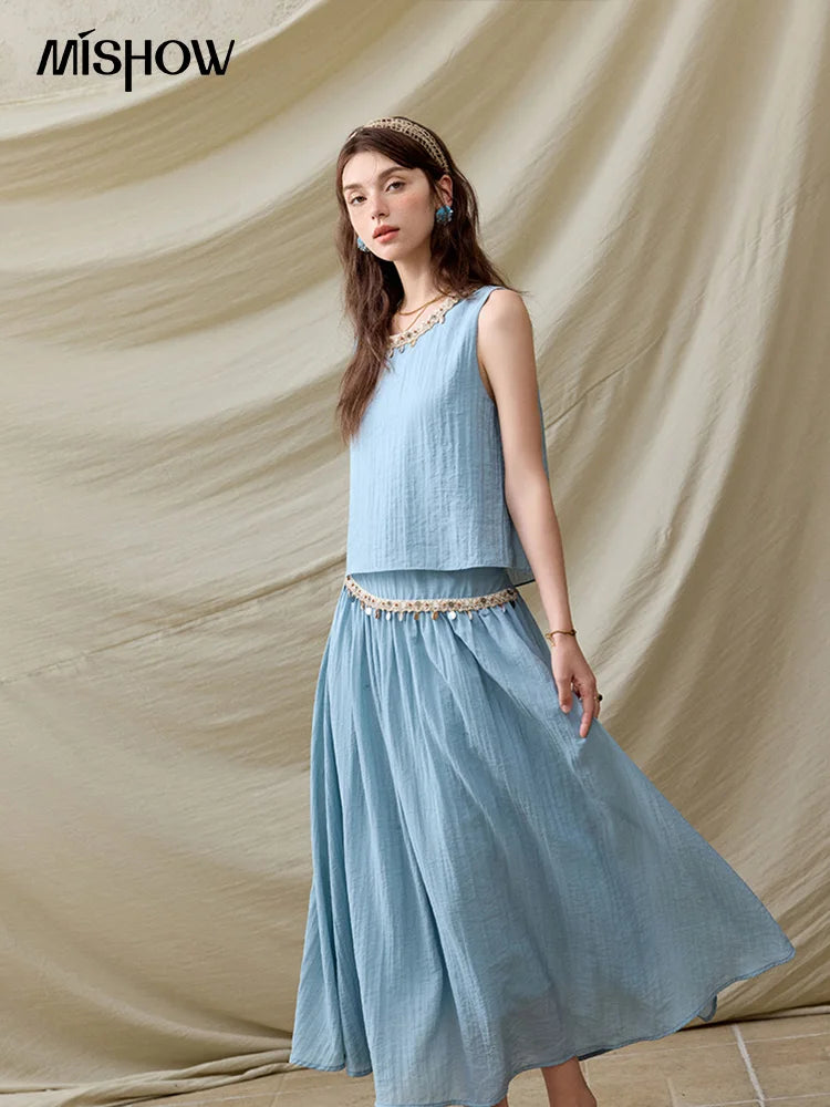 MISHOW Office Lady Summer Vest Skirt Sets Women 2025 Sheel Ribbon Solid Round Neck Tops Loose High Waist Skirt Female MXE32T0556