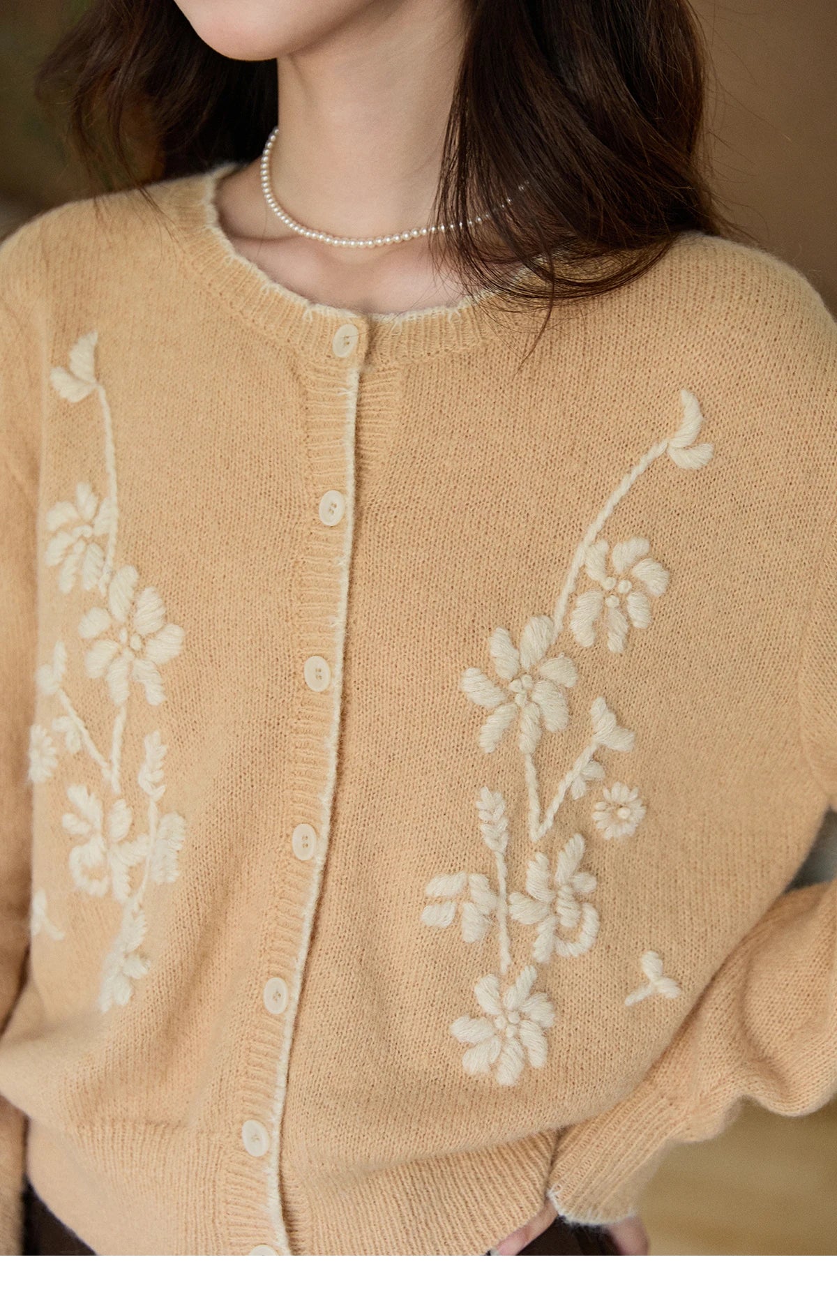 MISHOW Women's Camel Knitted Cardigan 2026 Spring Floral Embroidery Crew Neck Tops Button Warm Loose Cropped Sweater MXF11Z2896