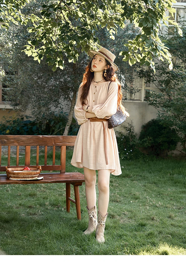 MISHOW French Retro Midi Length Sleeves Dress Summer O-neck Single Breasted Dresses Casual Tea Break Dress with Belt MXE39L2409