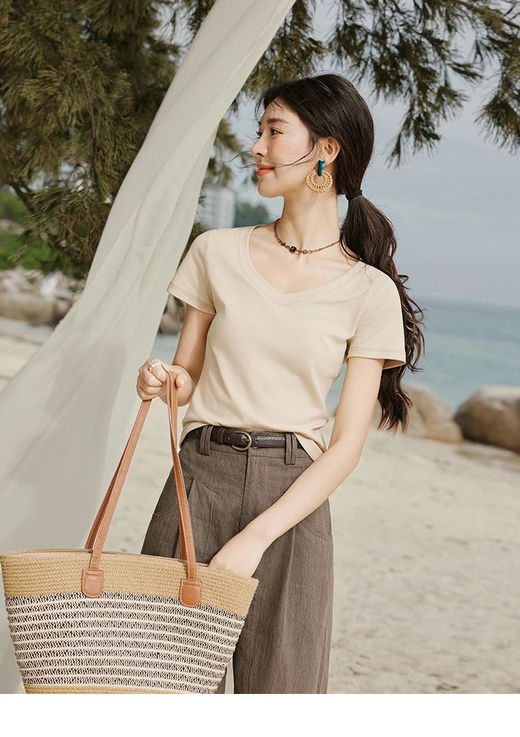 MISHOW Cotton Casual T-shirts Women New 2025 Short Sleeve V-neck Solid Versatile Shirt Female Fashion Basic Tops Lady MXE33T0519