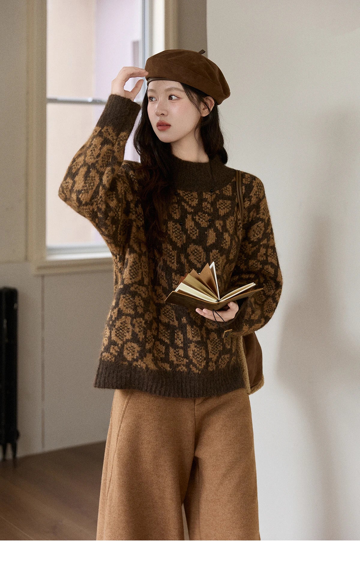 MISHOW Women's Color Block Geometric Leopard Jacquard Sweater Winter French Half Turtleneck Dropped Sleeve Knitwear MXE91Z2839