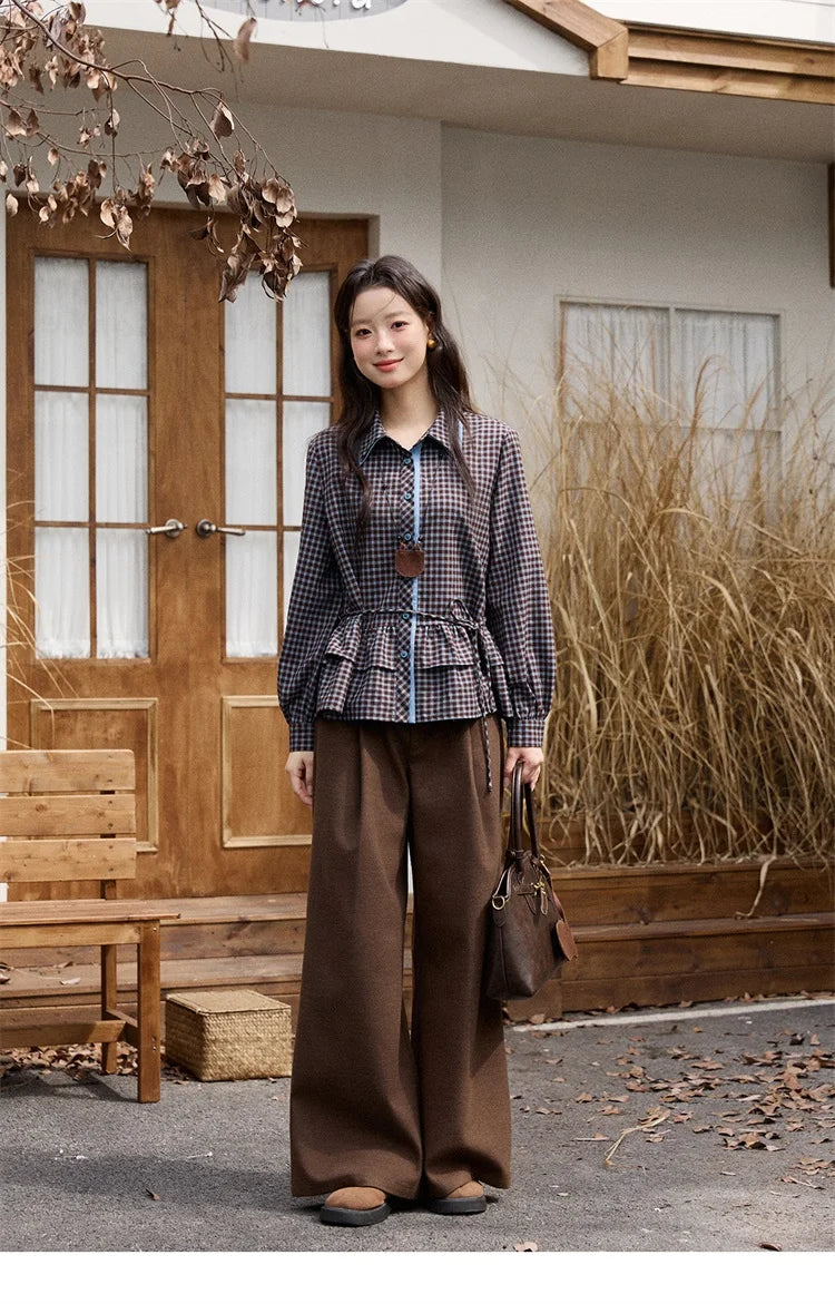 MISHOW Retro Blue Plaid Shirt for Women 2025 Autumn Winter Lapel Lantern Sleeves Ruffled Hem Top Slim Casual Shirt MXE89C2420