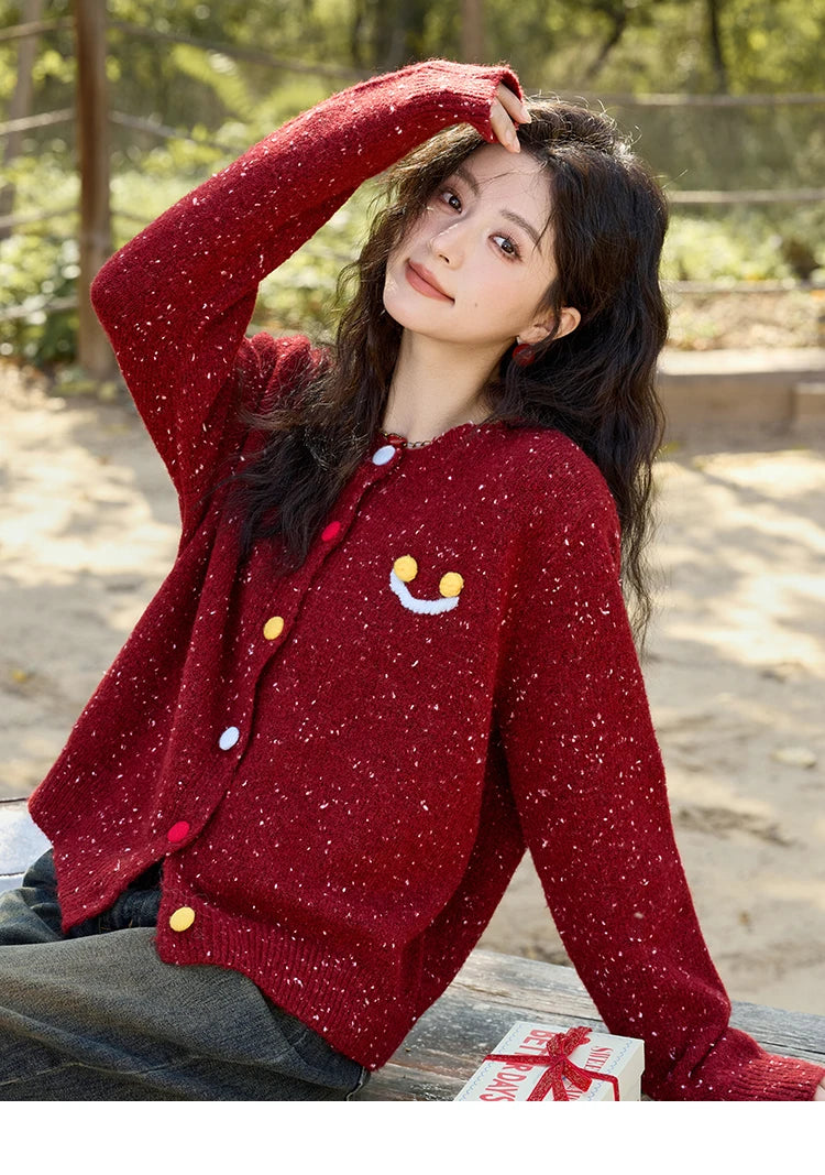 Mishow Smile Embroidery Contrast Color Wool Cardigan MXD35Z0988