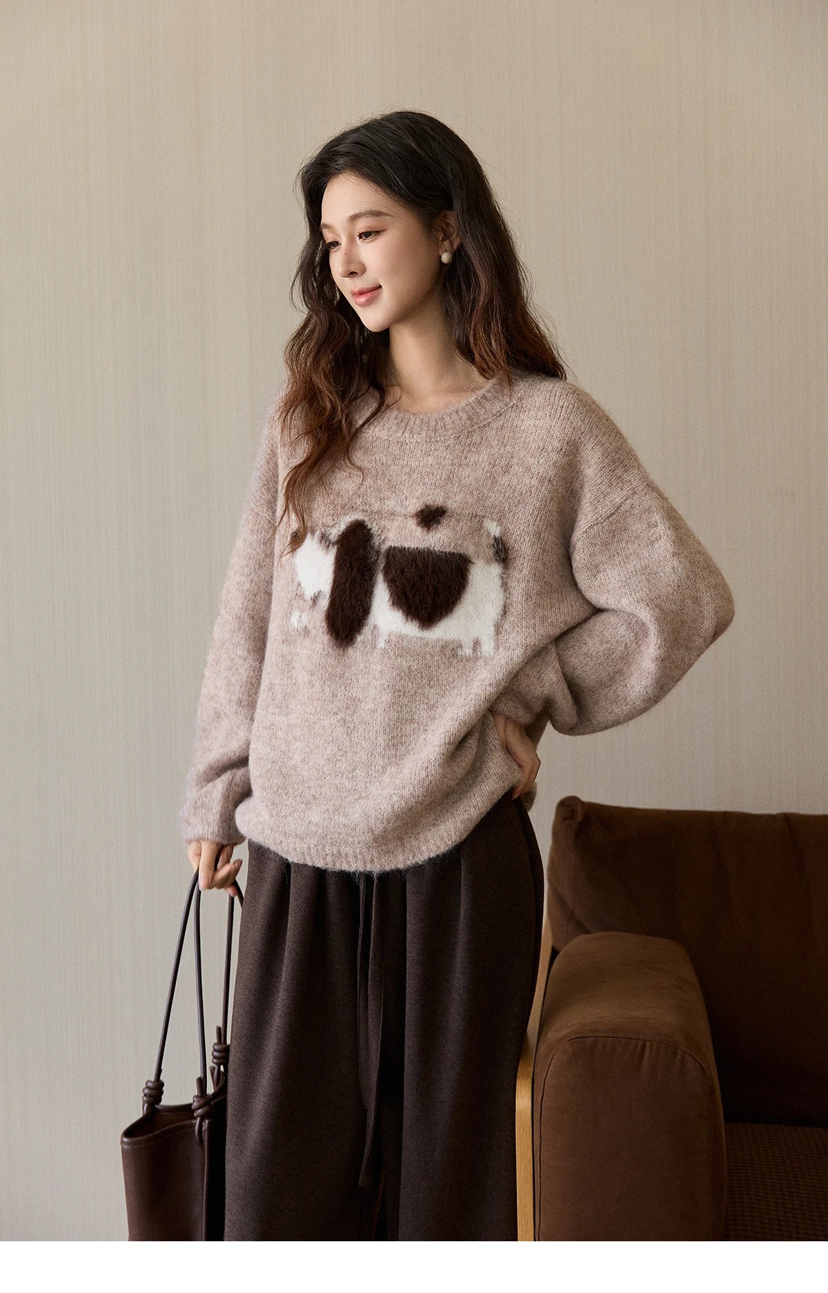 MISHOW Women's Solid Knitted Sweater 2025 Autumn Winter Dog Pattern Jacquard Crew Neck Fluffy Warm Loose Pullover Top MXE94Z2988