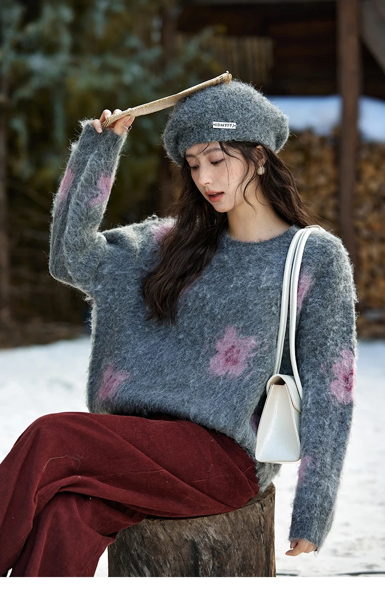 MISHOW Wool Yarn Plush Fur Flower O-Neck Pullover Knitted Sweater Women Clothes Warm Versatile Long-sleeved Tops MXD56Z1001
