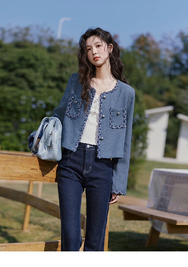 MISHOW Retro Fragrant Style Jacket for Women Spring 2025 Shoulder Pads Coarse Tweed Splicing Ribbon Blue Suit Coats MXE13W0705