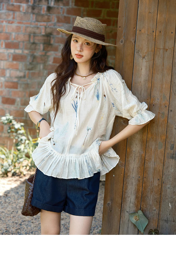 MISHOW Women's V-neck Lace Up Blouse 2025 Summer New Fashion Embroidery Mushroom Edge Commute Top Women's Blouse MXE39X1959