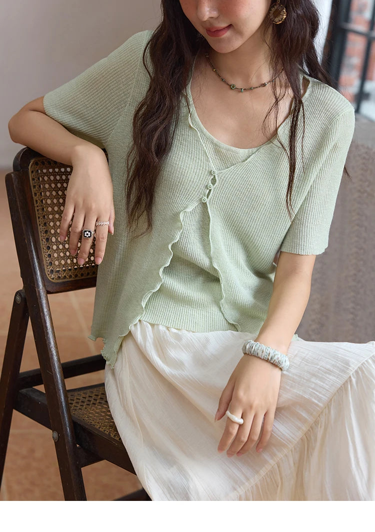 MISHOW Women's Mint Green Fake Two Piece Short Sleeved Knitted Cardigan 2025 Summer Solid Color Loose Comfortable Top MXE36Z1286