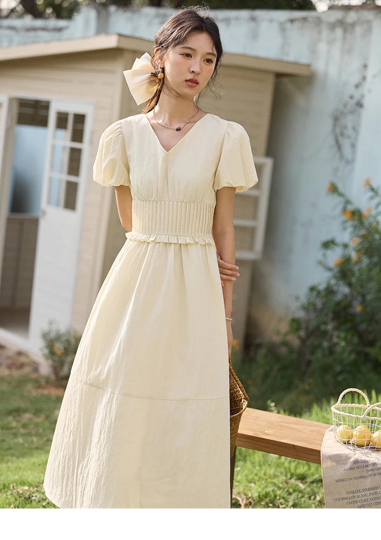 MISHOW French Summer Dresses Women 2025 New Short Puff Sleeve V-neck Solid Cotton Blended Dress Female Slimming MXE34L2288