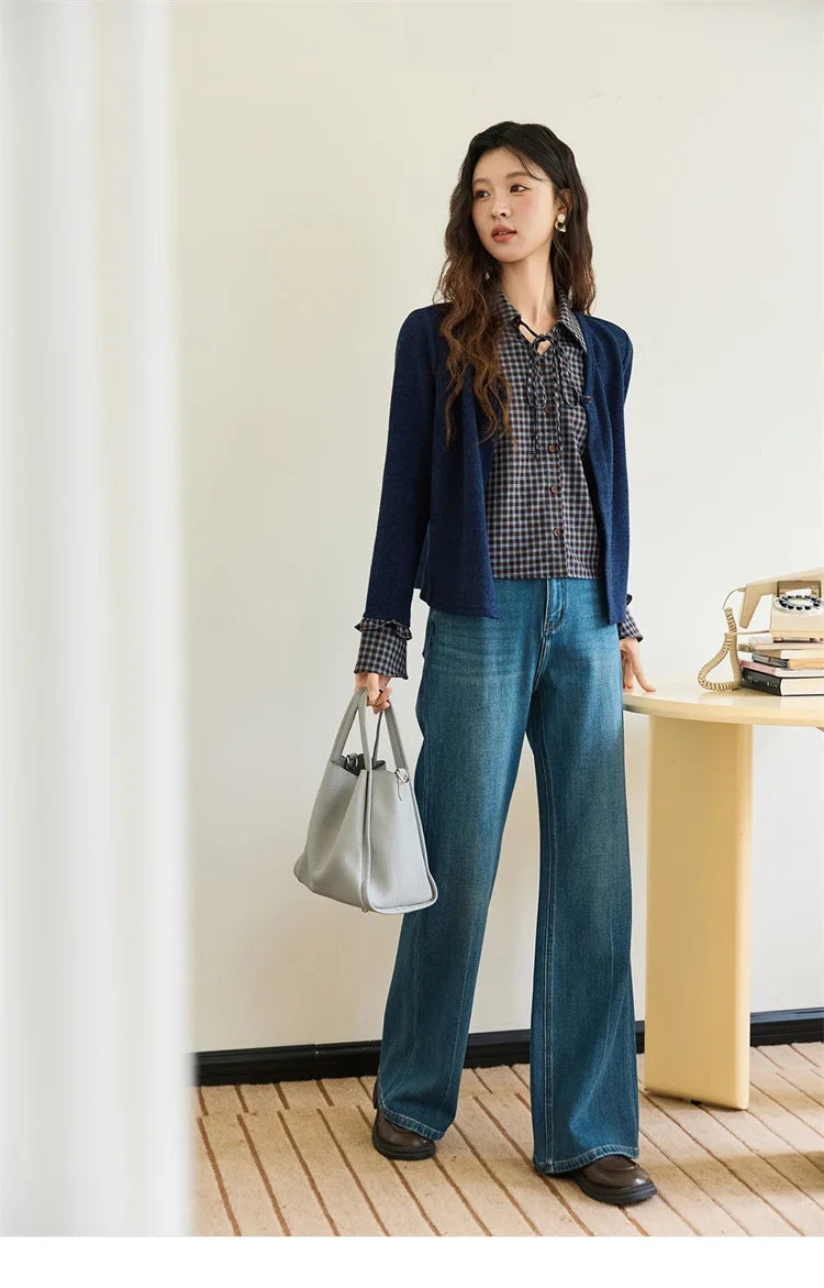 MISHOW Women's Fake Two Knitted Sweaters 2025 Autumn Plaid Splicing Embroidered Tops Retro Lapel Flare Sleeve Tops MXE45Z1401