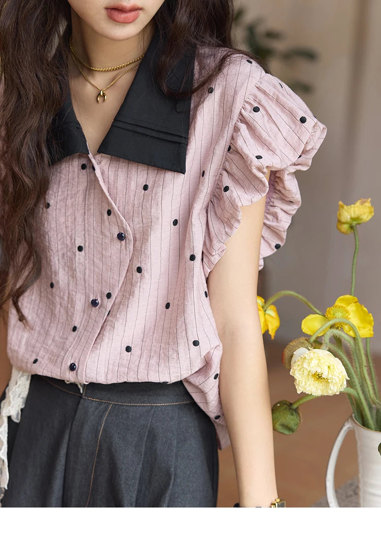 MISHOW Summer Office Lady Blouses Women 2025 Short Sleeve Turn-down Collar Polka Dot Shirts Female Fashion Slim Tops MXE31C0776
