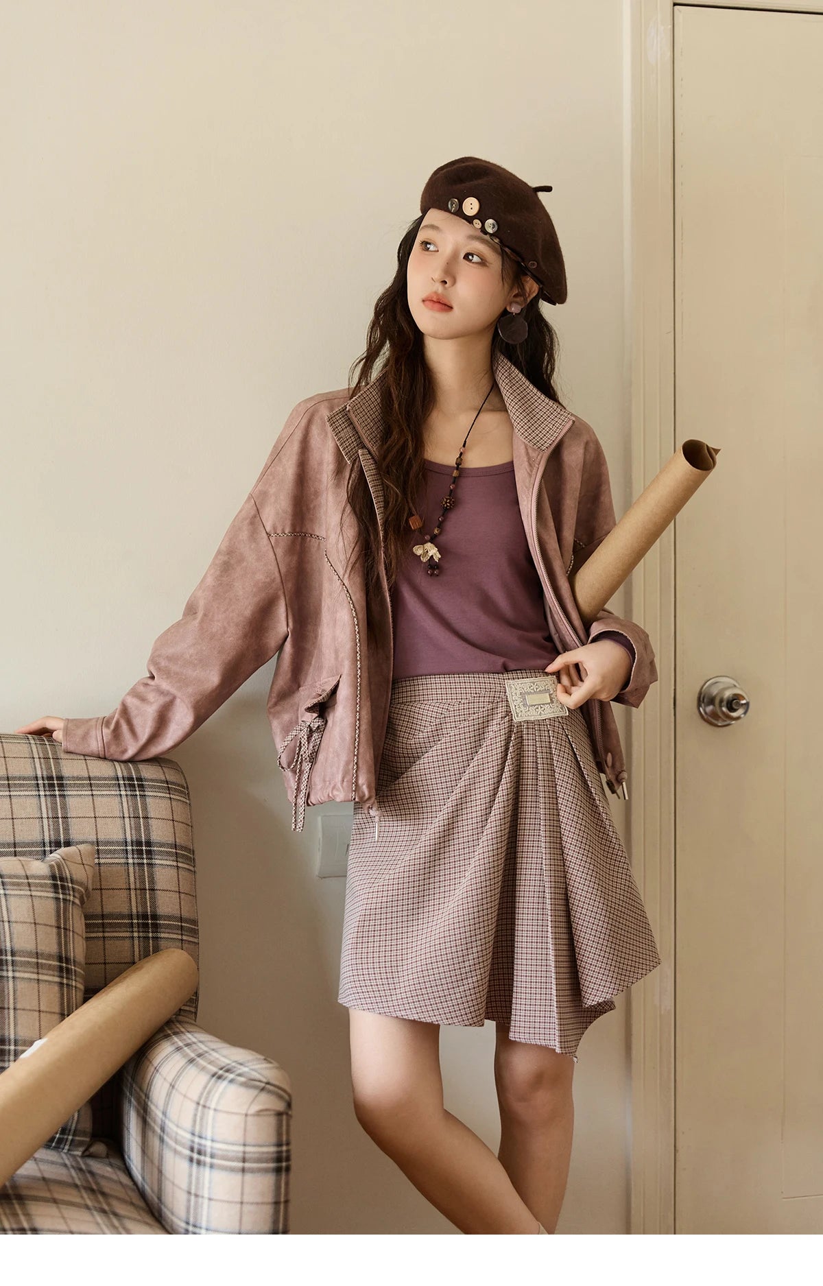 MISHOW Women's Dyed Leather Jackets 2025 Autumn Short Contrasting Plaid Lapel Jacket Fashion Loose Bow Pockets Coat MXE44W0818