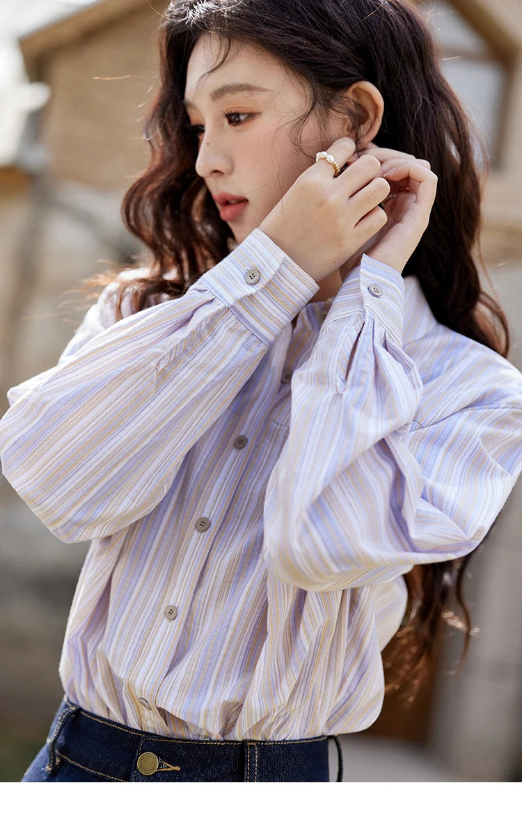MISHOW Purple Striped Loose Shoulder Shirt for Women 2025 Casual Turn-down Collar Top Single Breasted Commuting Shirt MXE13C0407