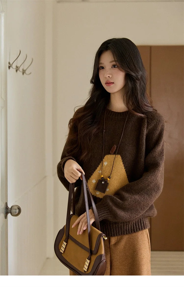 MISHOW Pear Pattern Jacquard Knitted Sweater Autumn Winter Crew Neck Loose Sweaters Wool Blend Warm Pullover Tops MXE94Z2959