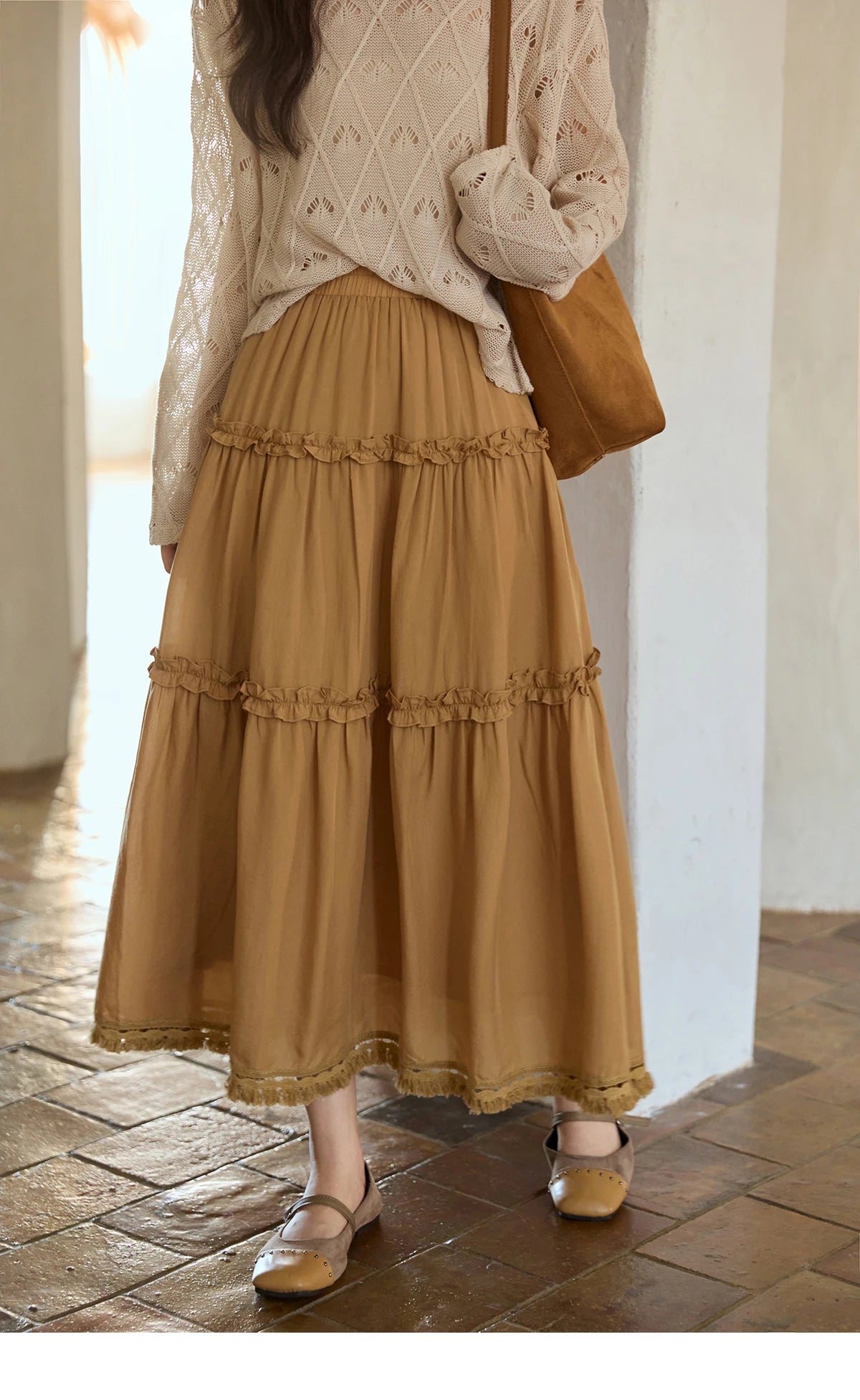 MISHOW Retro Orange 100 Lyocell Skirt 2025 Autumn Black Fungus Edge A-line Skirts Elastic High Waist Hem Tassel Skirt MXE42B2386