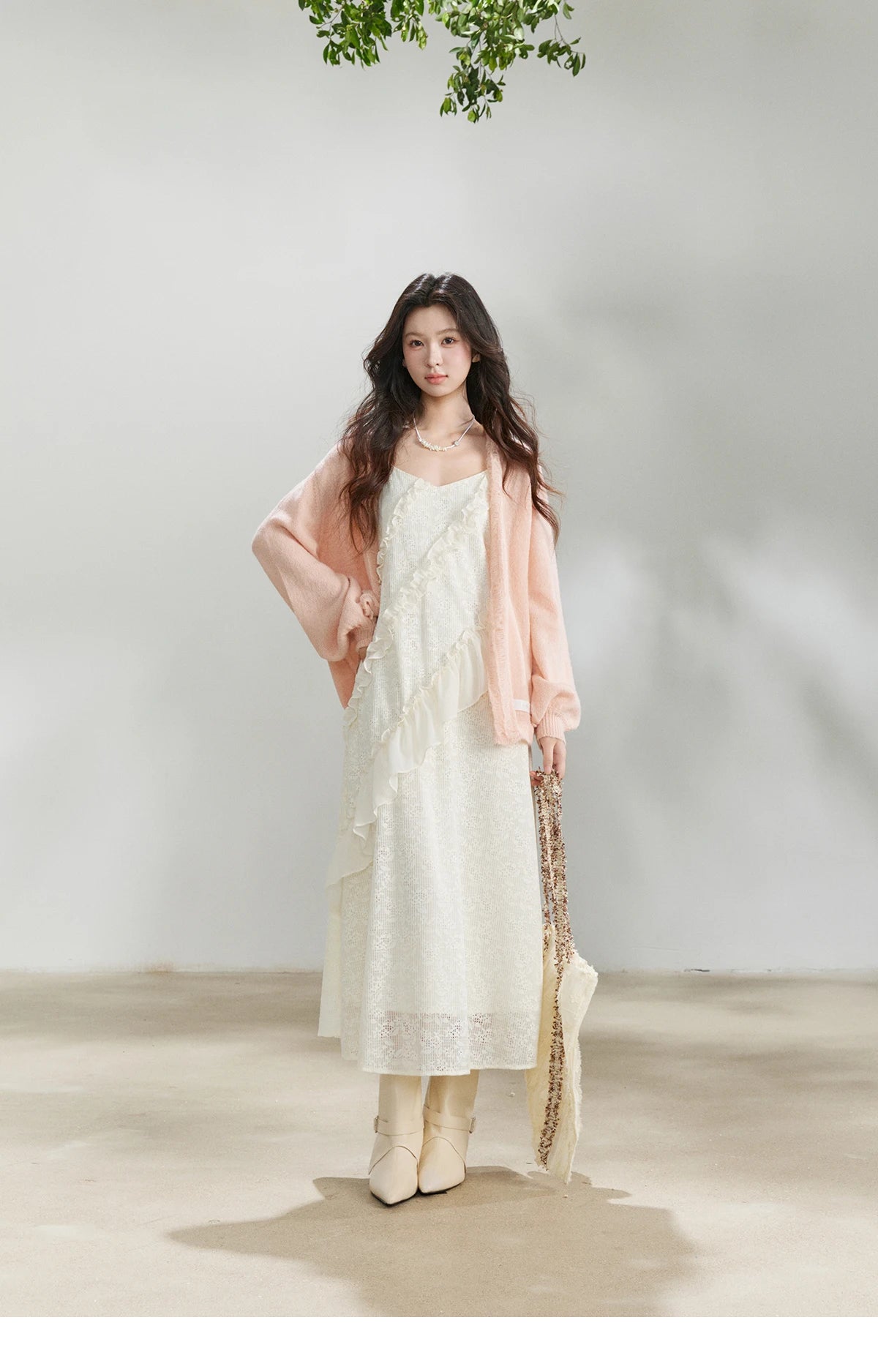 MISHOW Women's Pink Sweet Knit Cardigan 2026 Spring V-Neck Ruffled Trim Pearl Button Cardigans Loose Knitted Sweater MXF108Z1028