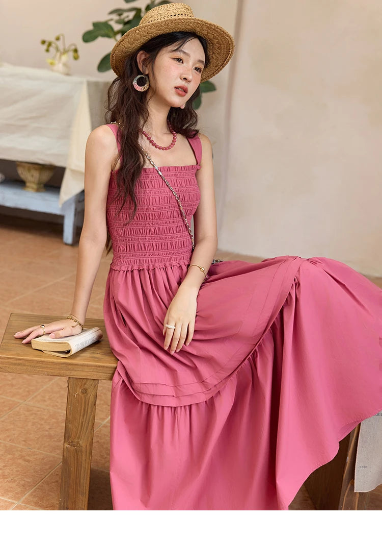 MISHOW Sling Square Collar Dress for Women 2025 Summer High Waist Pocket Fashion A-line Long Dress Ladies Clothing MXE36L2319