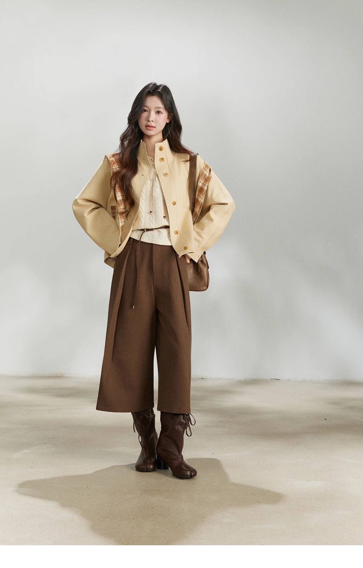 MISHOW Women's Khaki Cropped Trench Coat Spring Lapel Stand Collar Coats Removable Plaid Cap Casual Loose Jacket MXF108W1003