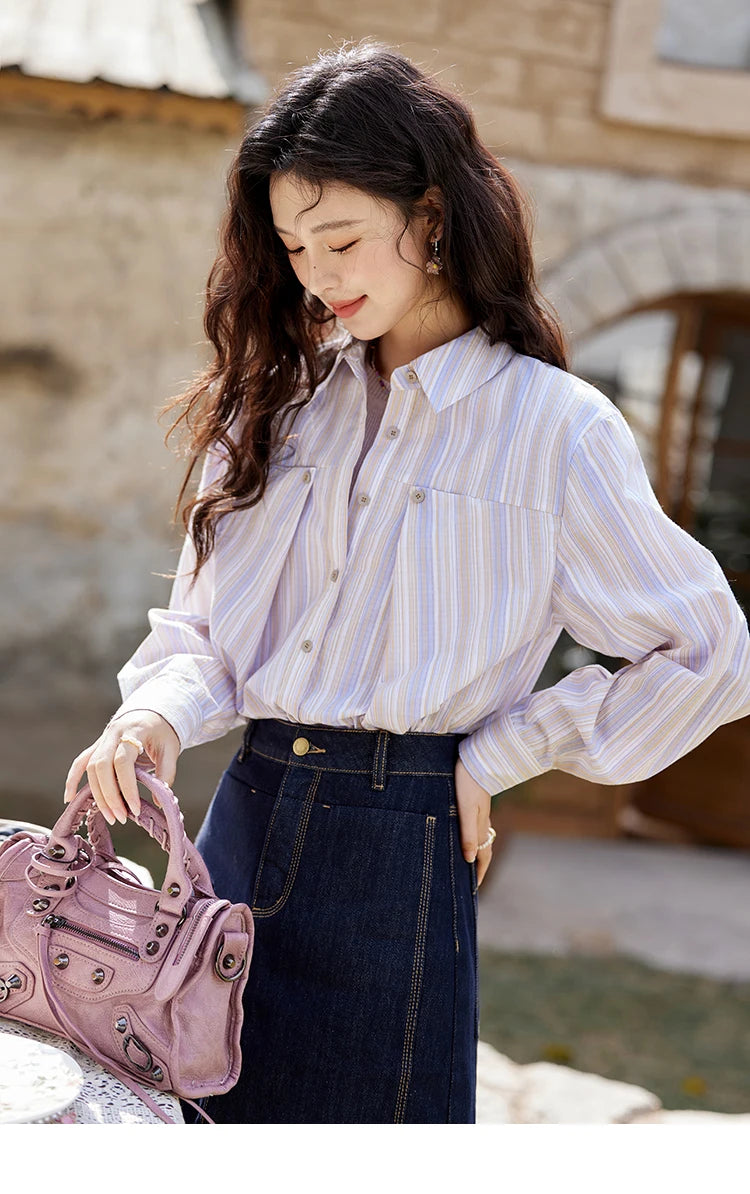 MISHOW Purple Striped Loose Shoulder Shirt for Women 2025 Casual Turn-down Collar Top Single Breasted Commuting Shirt MXE13C0407