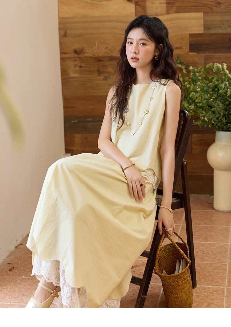 MISHOW Set 2 Piece 2025 Summer Women's O-Neck Lace Patchwork Sleeveless Top Elastic Waist Midi Skirt Elegnat Set MXE36T0641