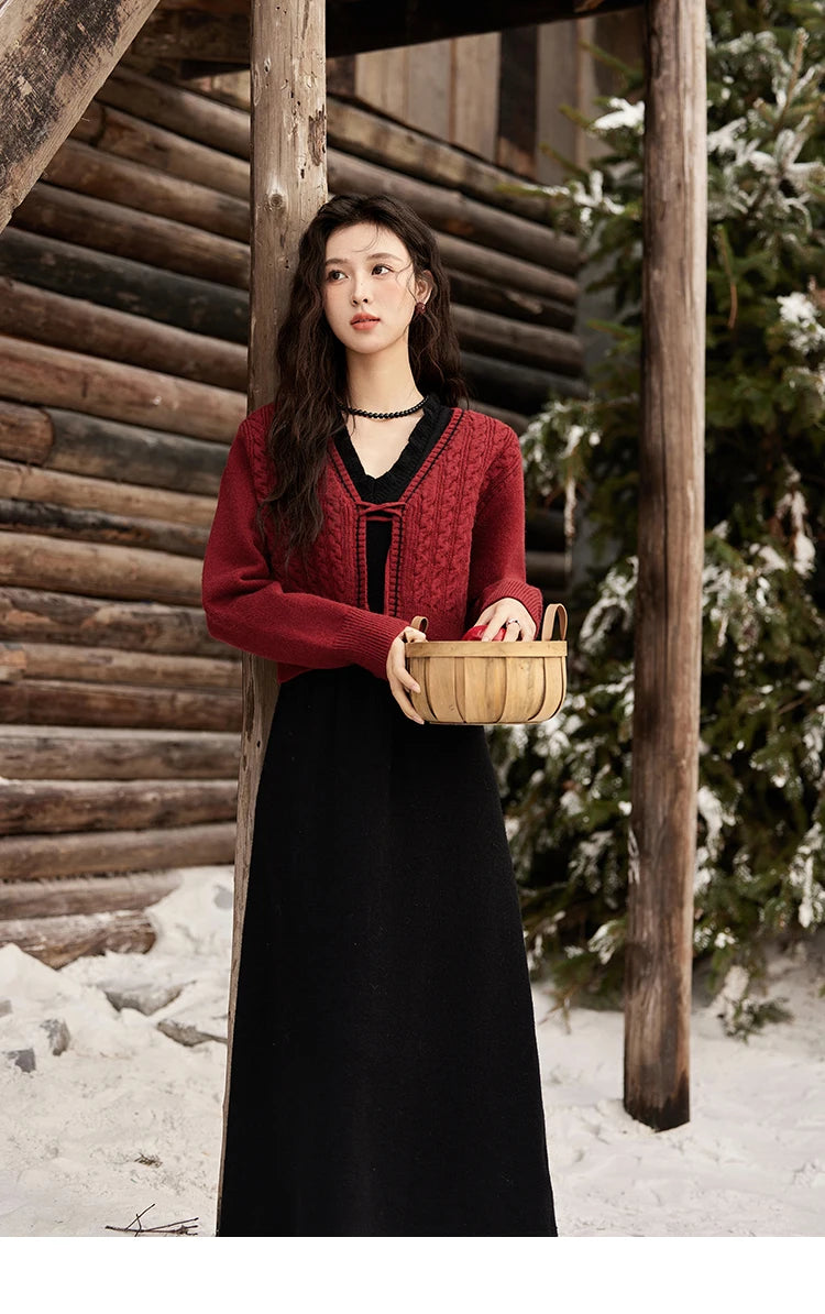 MISHOW Red Knitted Cardigan V-Neck Midi Dresses Separately A-LINE Temperament Grace Dress Flower Lace-up Warm Coat MXD58L2085