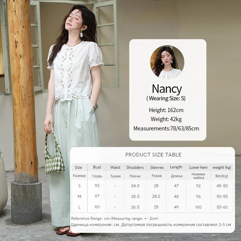 MISHOW 100%Cotton Hollow Embroidery Round Neck Shirt for Women 2025 Summer Puff Sleeve Casual Top Women's Clothing MXE39X1938