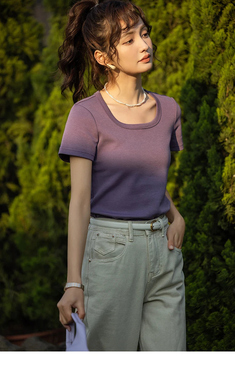 MISHOW Short Sleeve T-shirts Women Spring Solid Square-neck Top Elegant Woman Clothes Office Lady Cotton Tees MXC12T0641