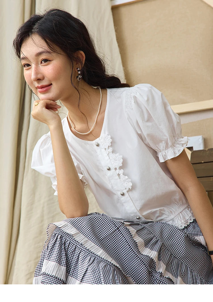 MISHOW Sweet Lace Pufff Sleeve Shirt Summer 2025 Flower Single Breasted Buttons Short Shirts Hem Elastic Waist Tops MXE34X1820